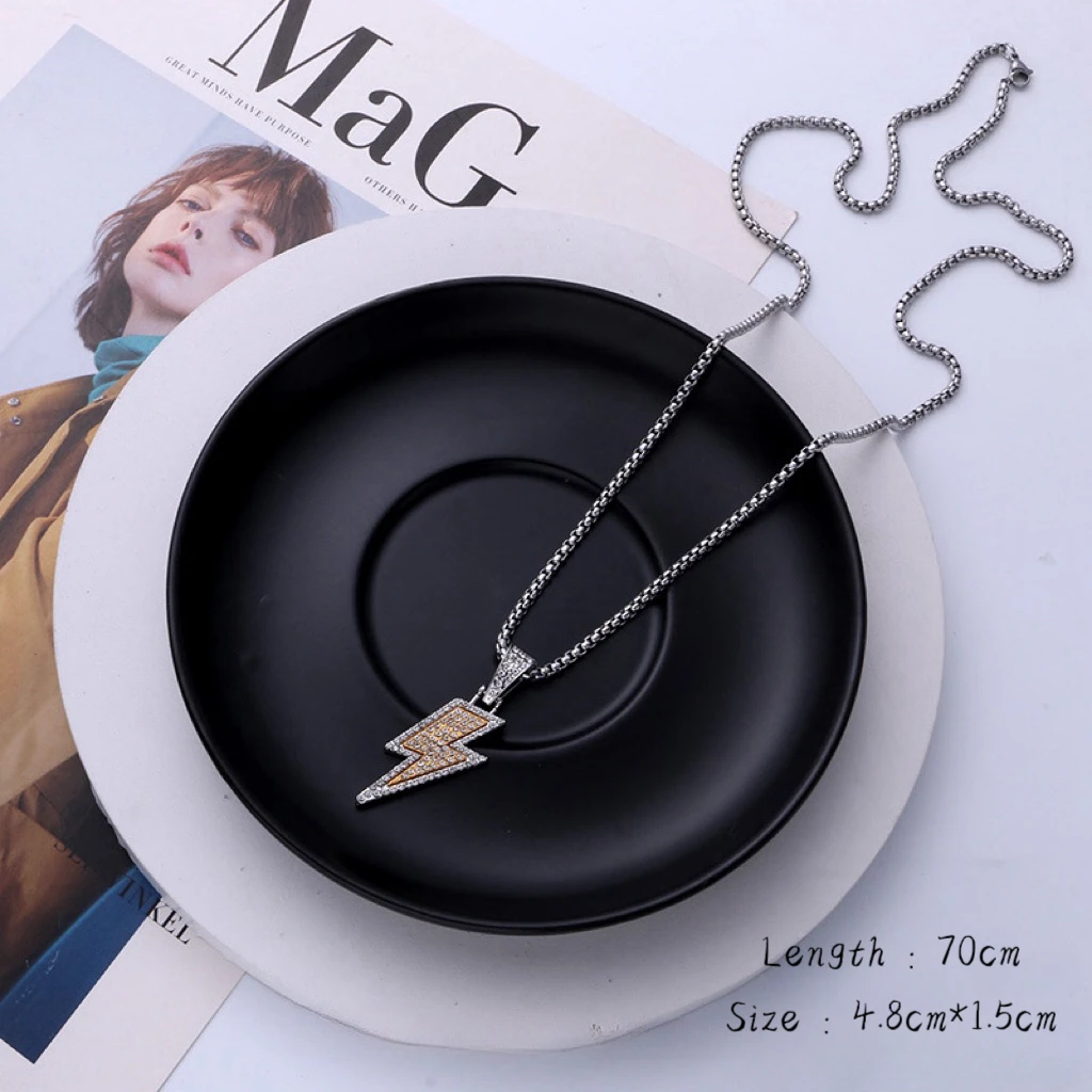 

PAPERPLUS | Men Punk Necklace 2024.Lightning Pattern. Stainless Steel.1Pcs.Boy Hip Hop Jewelry.Gold Plated.Punk.Rock