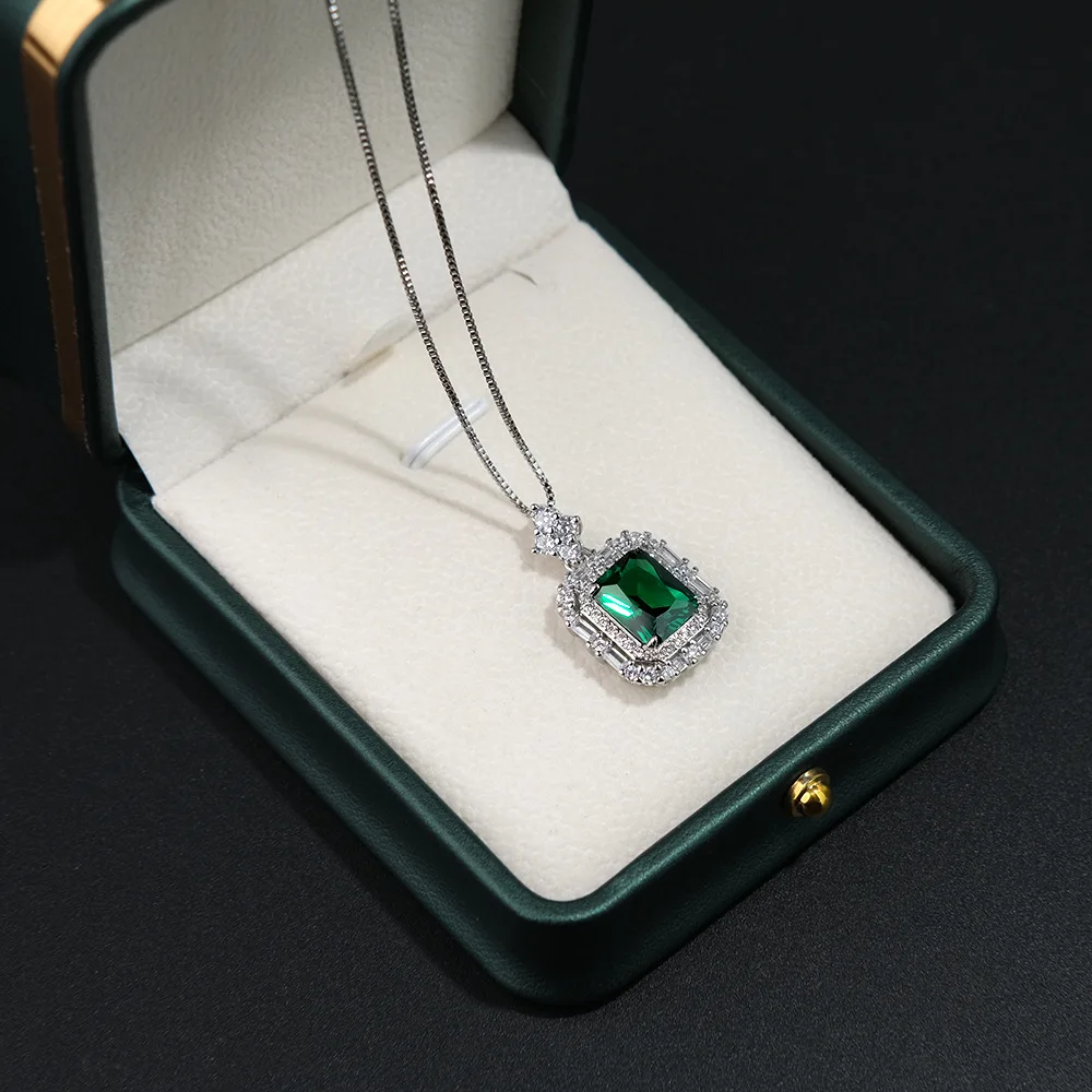 925 Sterling Silver Light Luxury Green Square Zircon Necklace Birthday Anniversary Wedding Party Gift