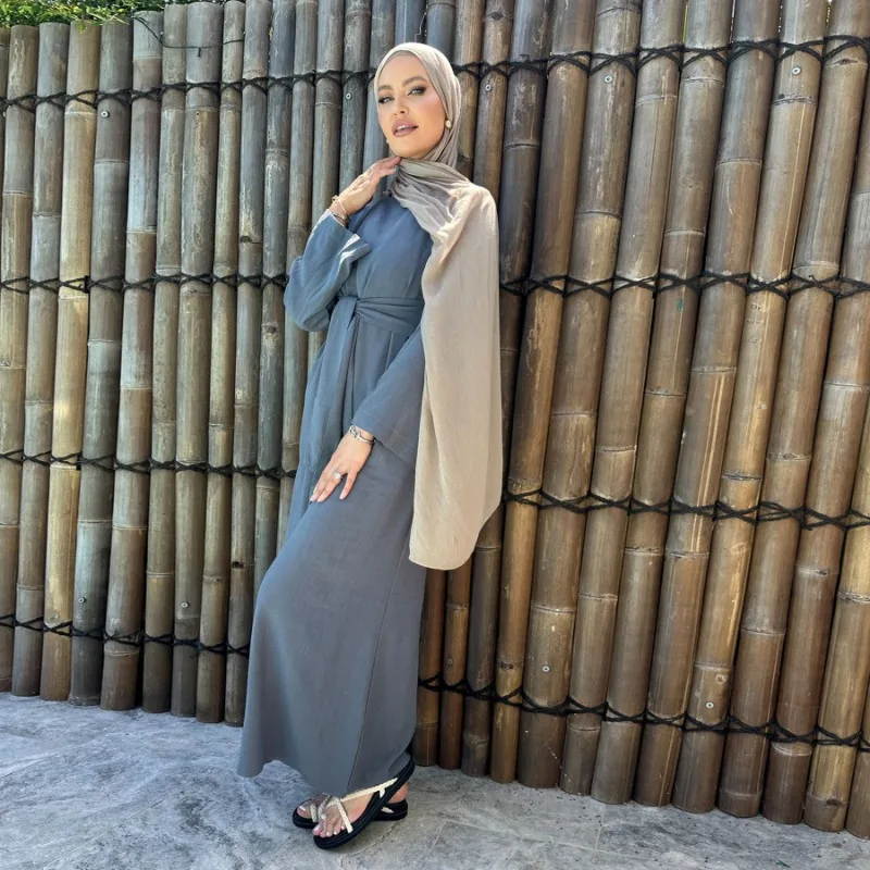 

Muslim Dresses for Women Ramadan Solid Belt Cotton-Linen Maxi Dress Moroccan Clothes Round Neck Stylish Abaya Long Sleeve Kaftan