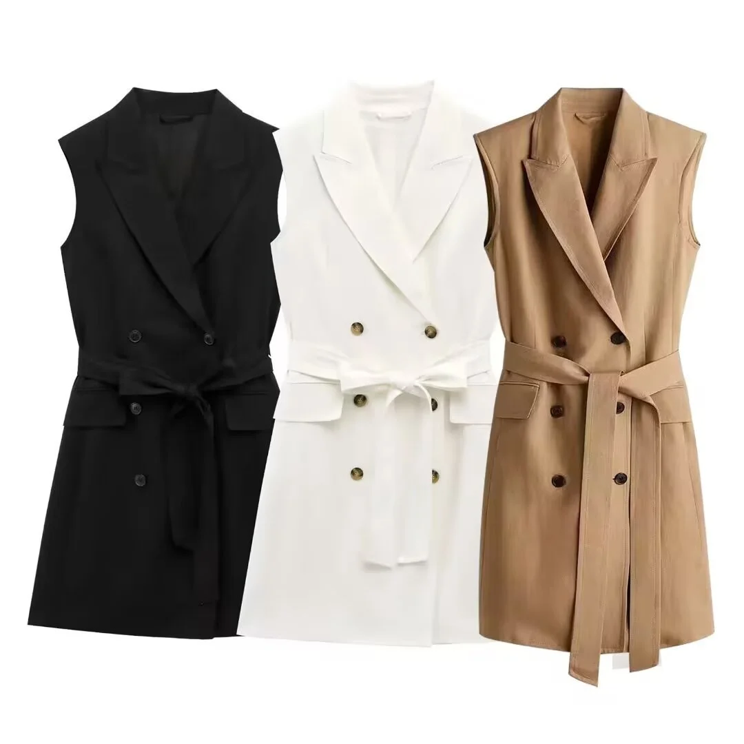 

Taop&Za 2025 Womens Sleeveless Double - breasted Lapel Dress with Belted Waist and Pocket Detail