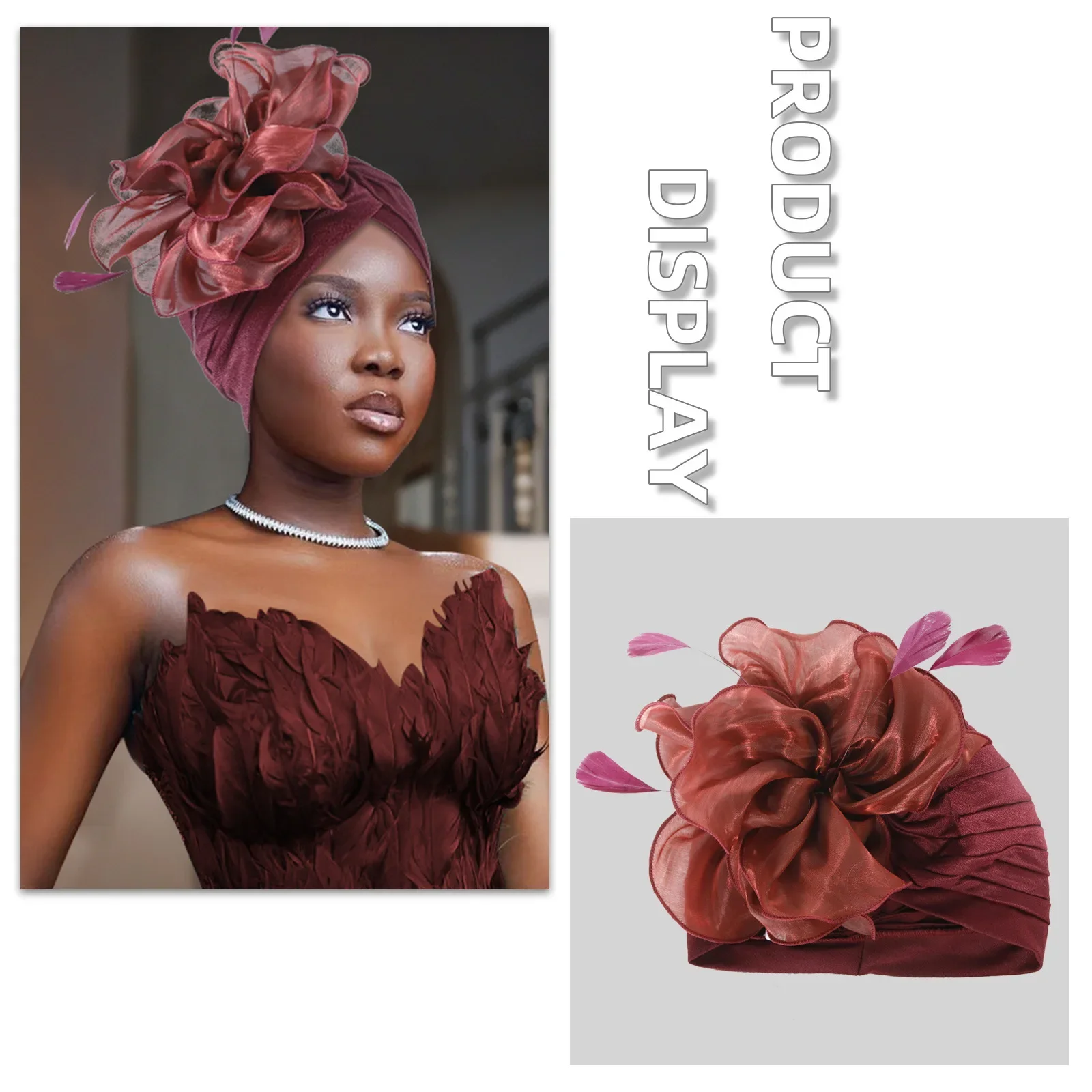 

Модная шапка-тюрбан с перьями и цветами для женщин, нигерийский головной убор для свадебной вечеринки, африканский авто Geles, мусульманский капот, хиджаб, головной платок