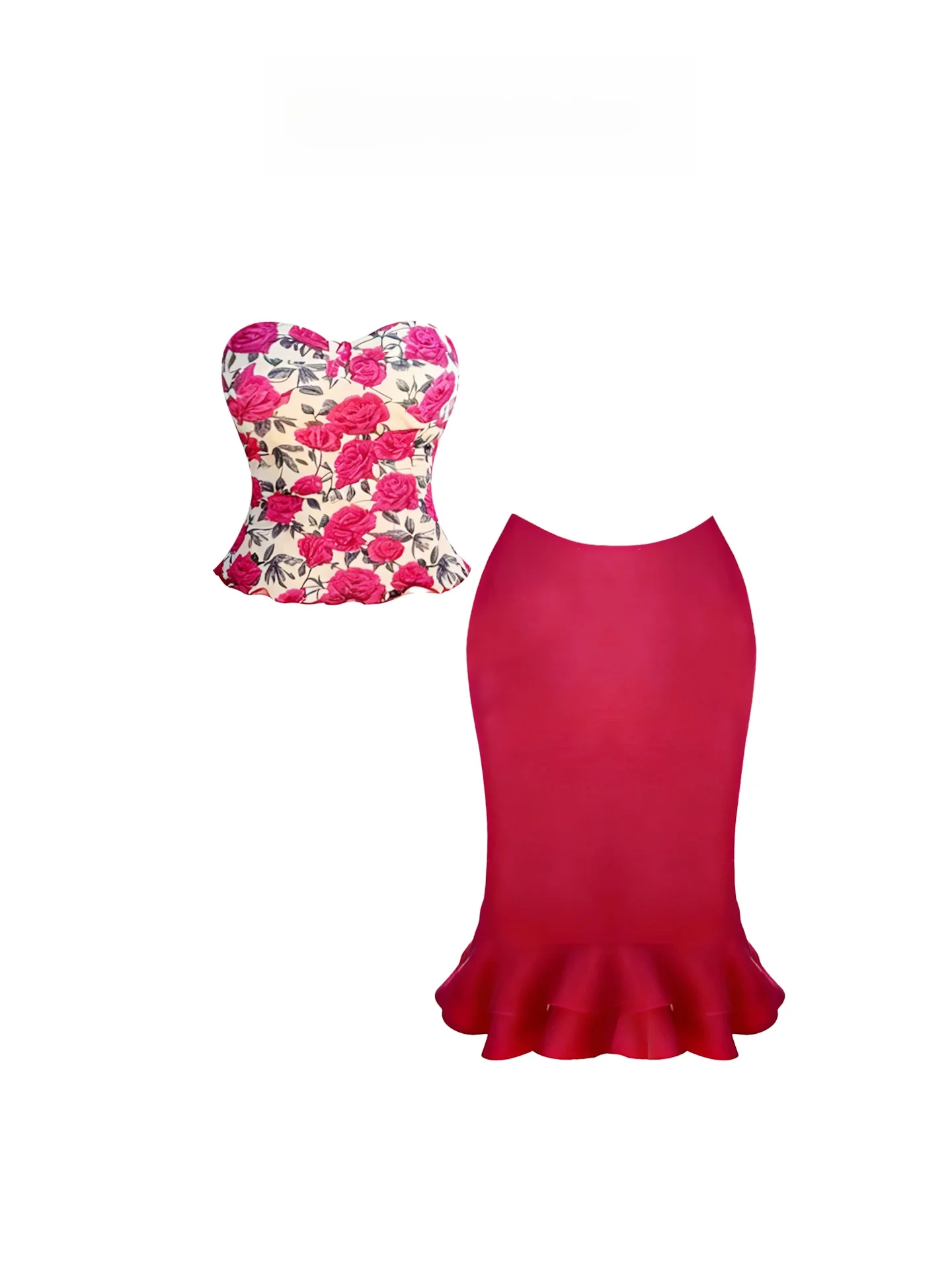 

HEZA Summer Vaion Print Crop Top And High Waist Skirt Set plus Size Women's Faion Ensemble Midi Skirt One oulder Design
