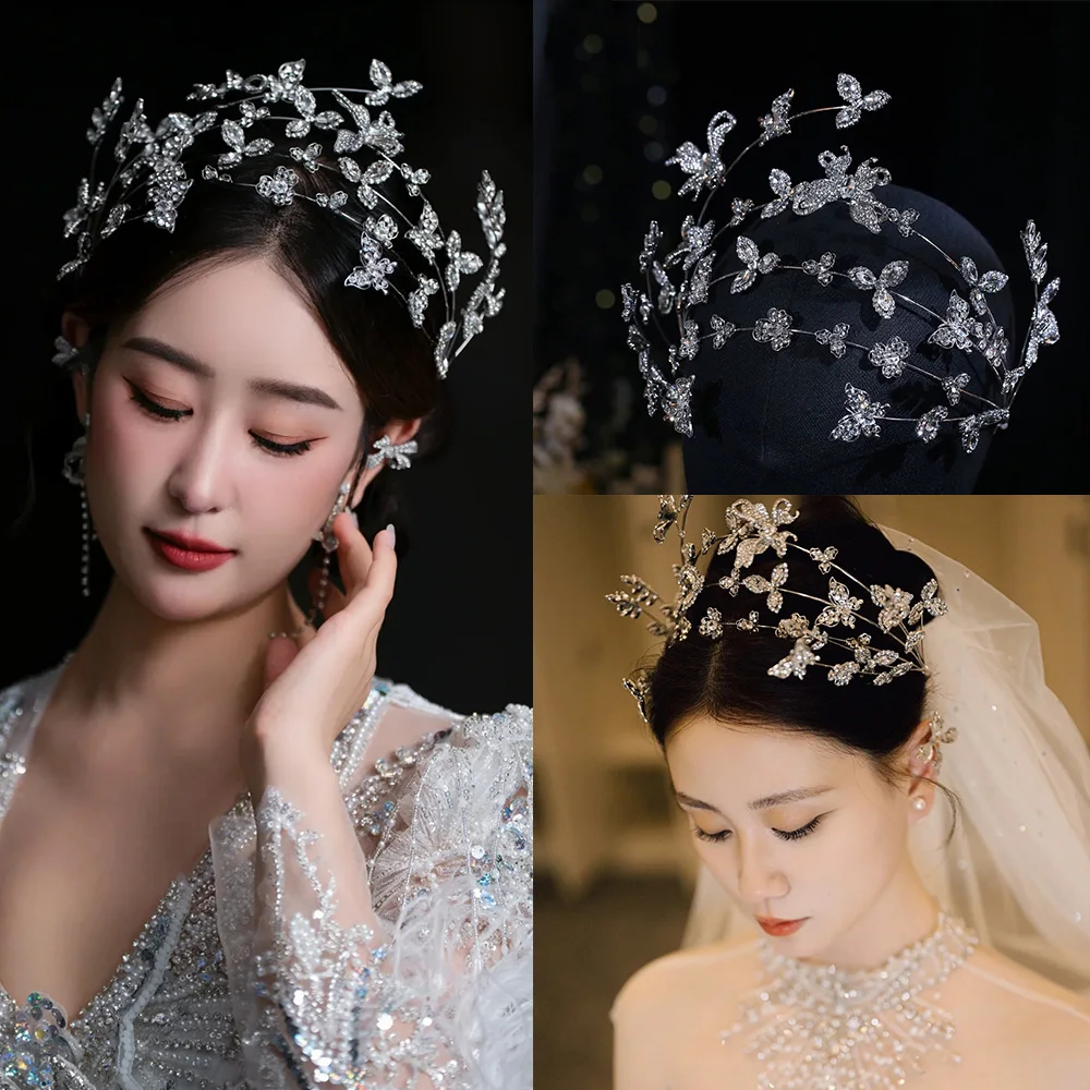 فاخر متعدد الطبقات فلاش الراين فستان الزفاف الزفاف تاج الشعر الراقية الشعر هوب فراشة زهرة الزفاف أغطية الرأس الوصول