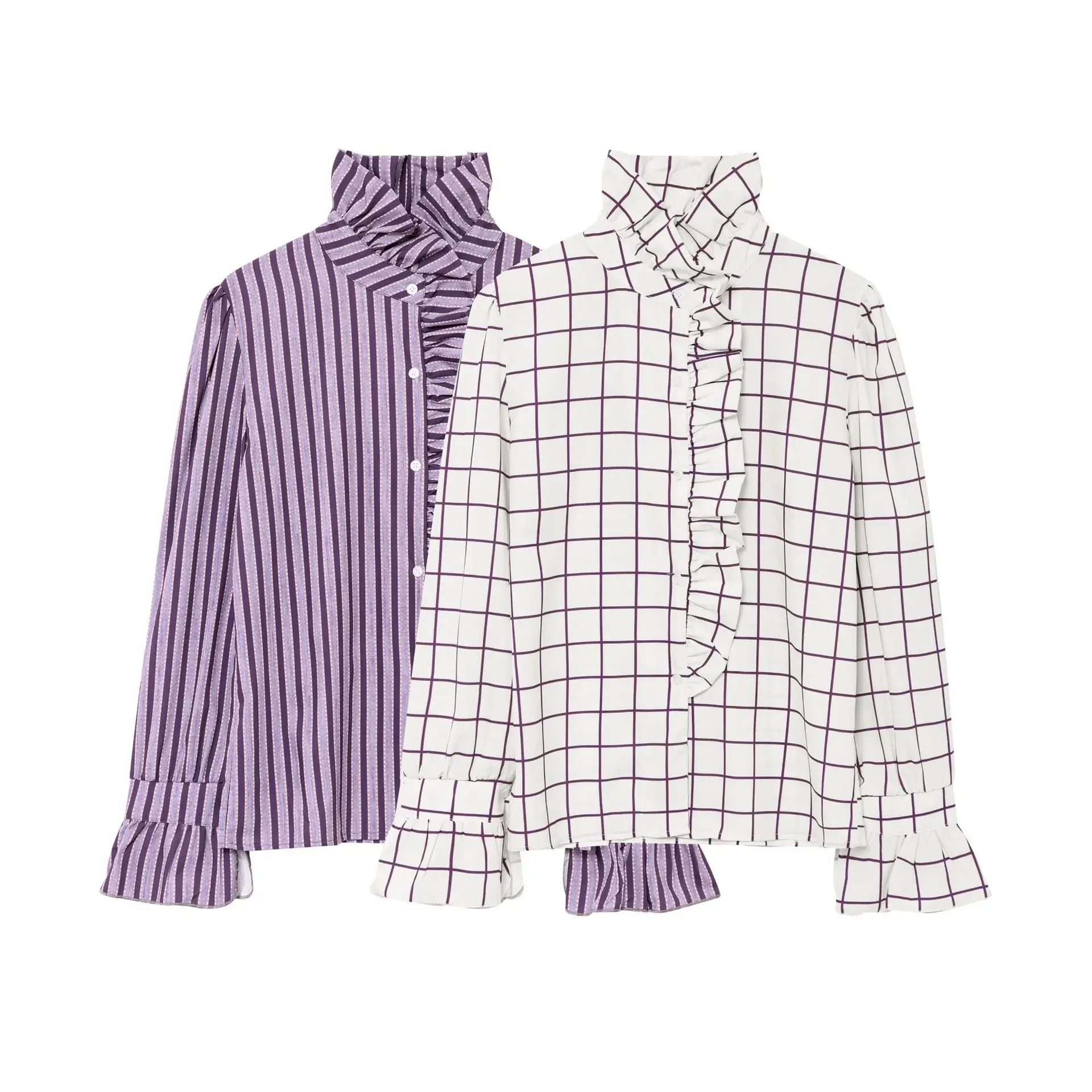 

Women's Ear-edge Plaid Shirt High Collar Long Sleeve Single-breasted Loose Hem Top Spring and Summer New Casual Chic Shirt