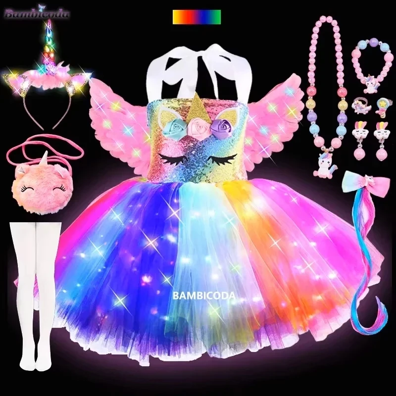 Girls Unicorn TUTU Princess Dress Shiny Cartoon Clothes LED Light Glowing Wings Headband Stage Halloween Party Costume