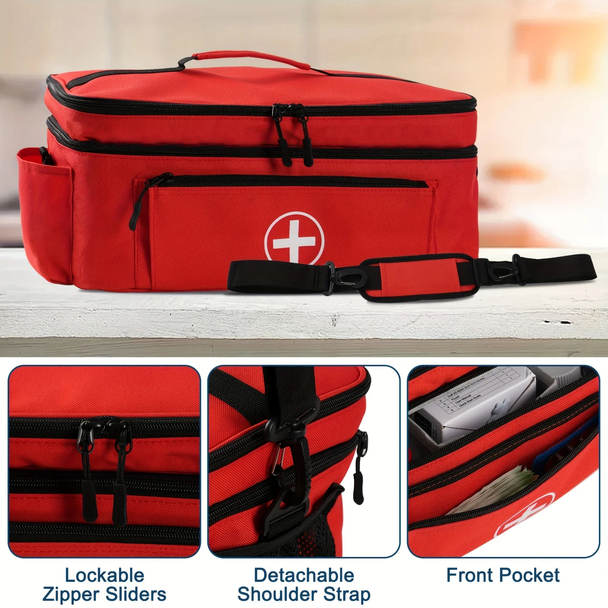 Large capacity travel medicine storage bag, portable emergency kit, double layer design, front bag, various ways to transport.