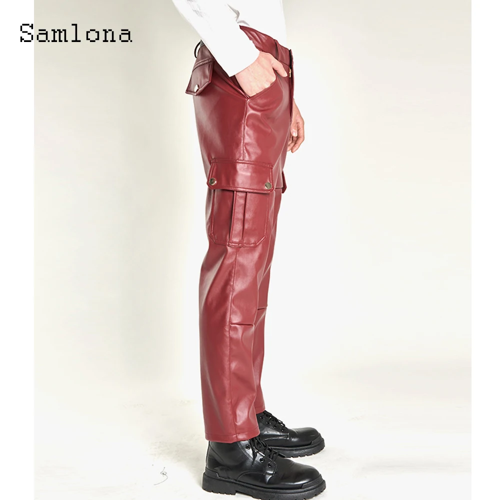 2025 الرجال الوقوف جيب موضة بولي بنطال بنطال جلدي في الهواء الطلق كامو البضائع بنطلون حجم كبير 5xl رجل خمر اللاتكس مستقيم السراويل جديد