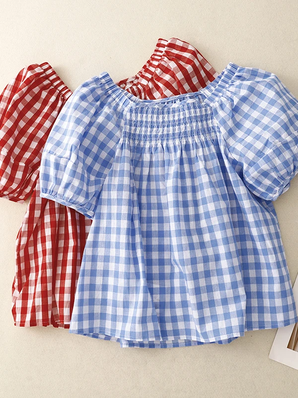 

Sweet Japanese Sle Plaid Bubble Sve irt Women's Summer Loose Slimming Pleated Square Collar Doll Top Faionable Commu...
