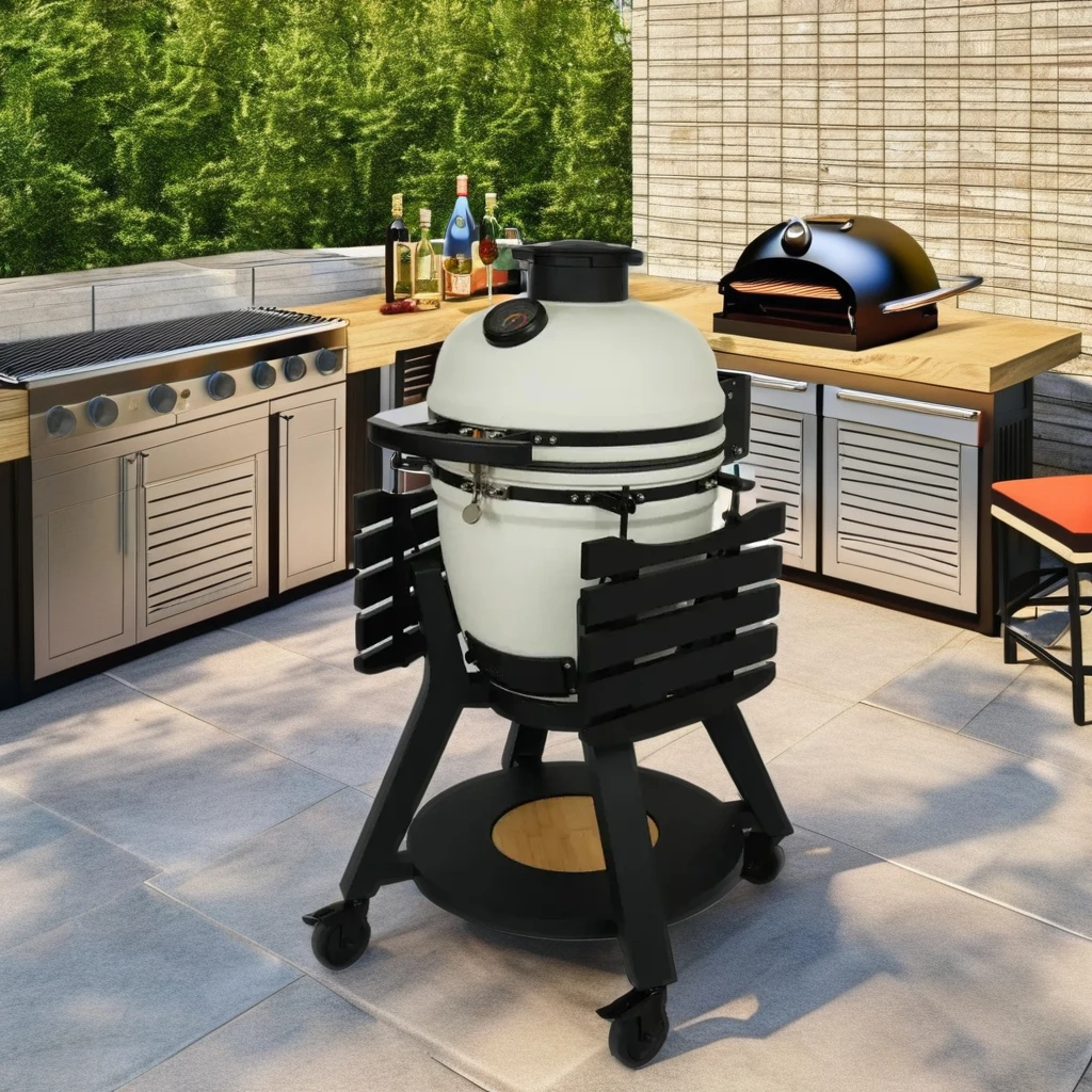 AU-18 Premium Ceramic Kamado Pizza Oven Grill with Stainless Steel Compact Portable Trolley Design for Outdoor BBQ