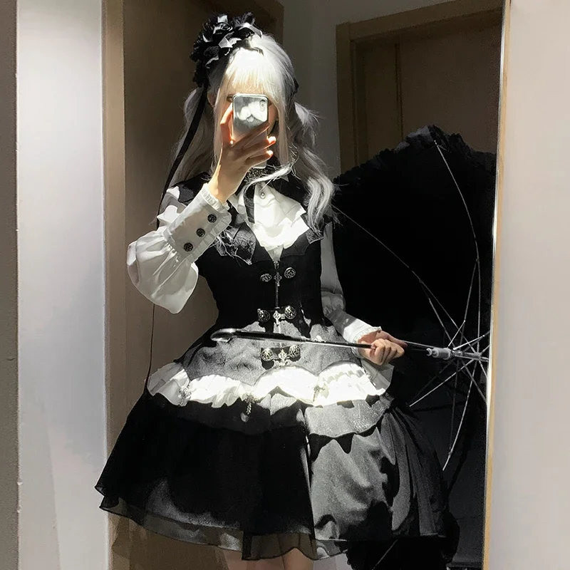 Roupa diária escuro goth lolita colete saia superior conjunto de correspondência primavera e outono 2025 japonês rojita 3 peça terno roupas femininas