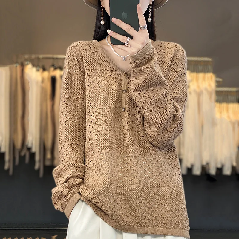 

2023 Spring Women's Loose Long Sve Cotton Knitwear V-Ne Hollow out Design Commute Friendly Faionable Base Layer Top
