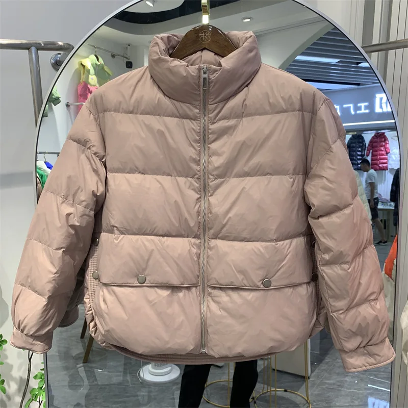 2022 Women Autumn Winter Loose Padded Zipper Solid Color Short Jacket Stand Collar Casual All Match Warm White Duck Down Coat