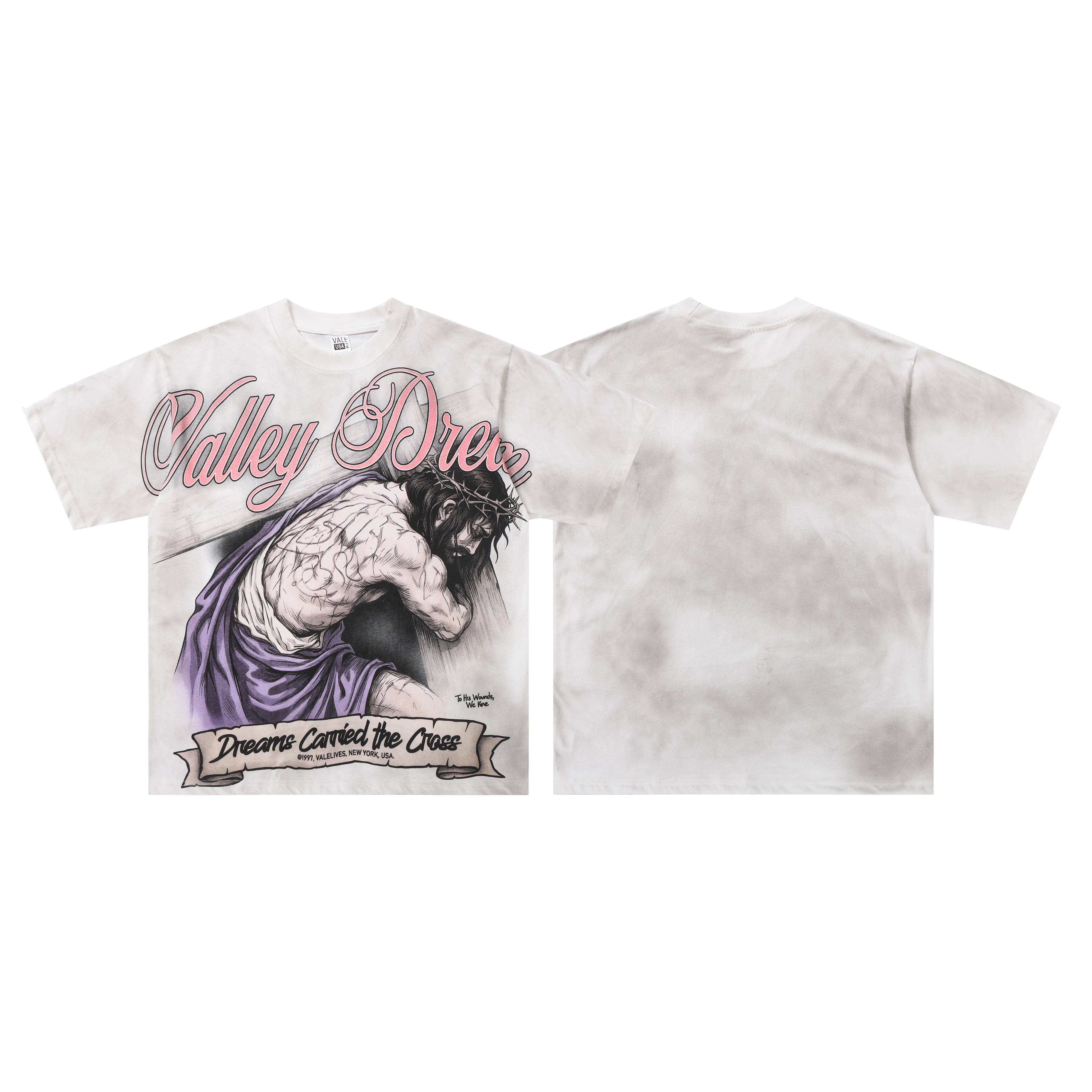 Vale Valley Retro American Print High Street Hip Hop Cotton T-Shirt Unisex Short Sleeve Streetwear Casual round Neck Tee