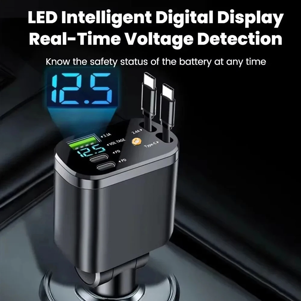 5IN1 120W 車載格納式充電器 星空ライト付き 超急速充電 シガーソケットアダプター iPhone Huawei Samsung対応