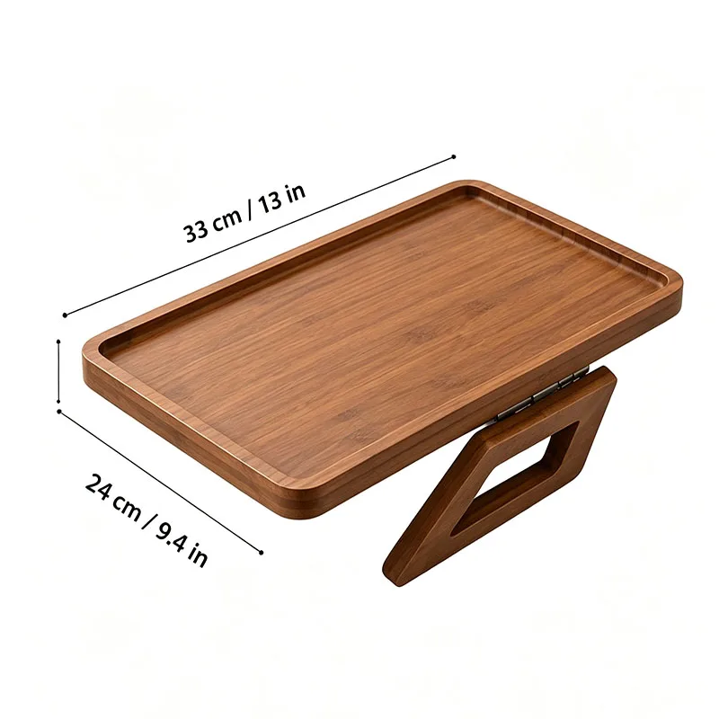 Foldable Bamboo Sofa Armrest Tray, Clip‑on Couch Side Table for Drinks Snacks Watching Movies, Portable Couch Arm Tray