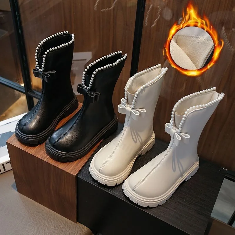 

Autumn Winter Girls Leather Boots 2025 Soft Soled Kid Fashion Princess Boots Non-slip Outdoor Zipper Comfort Children Plush Boot
