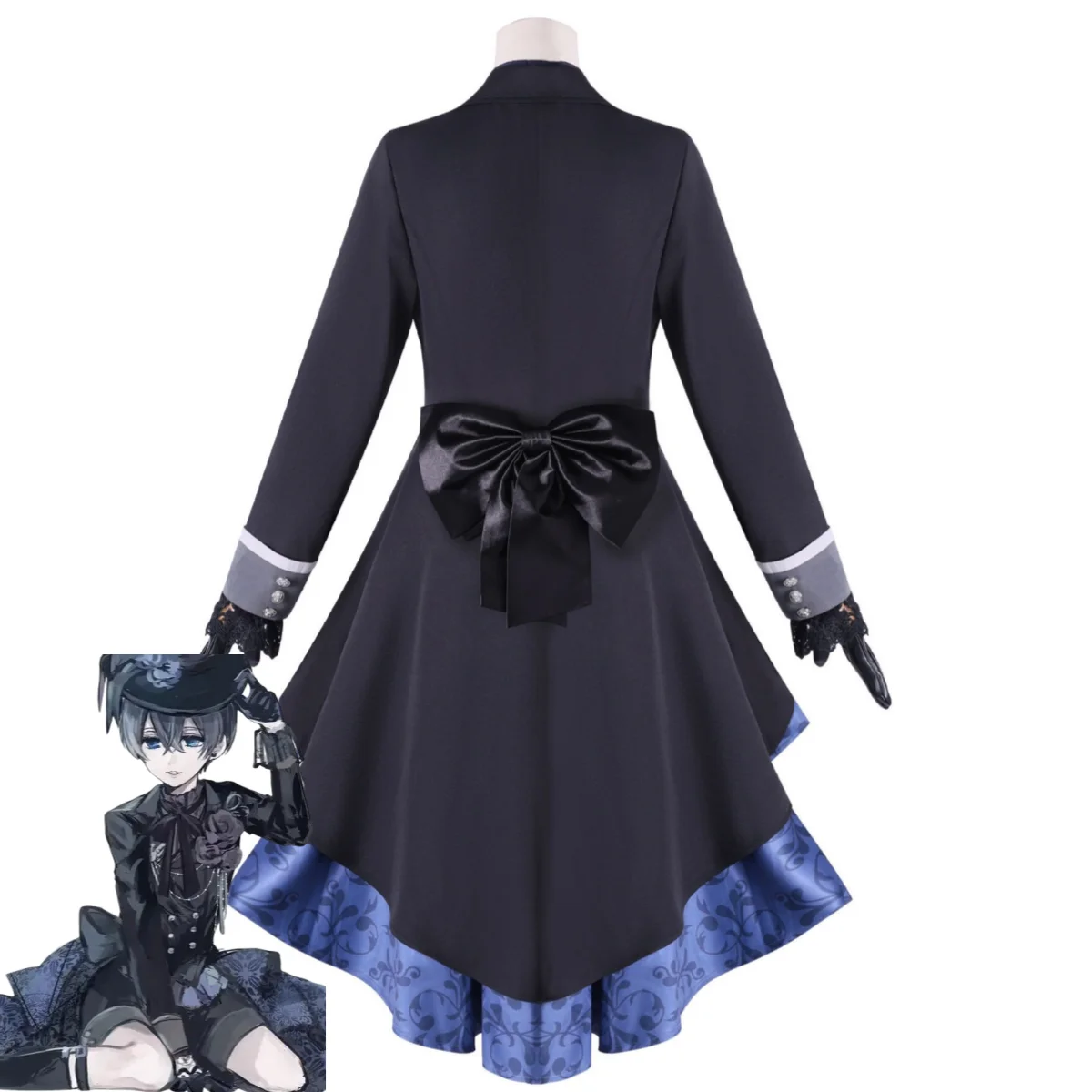 Kostium Cosplay XqAnime Ciel Phantomhive Smile, Czarny Smoking z Różą, Płaszcz, Uniform, Peruka, Męski Damski Strój Karnawałowy Świąteczny
