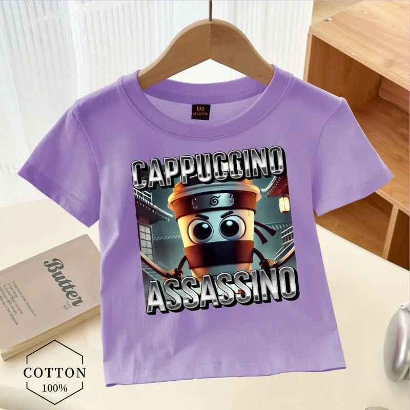 Cappuccino Assasino Kinder T Shirts Italienische Brainrot Mädchen Junge Baumwolle T Tops Tung Tung Sahur Ballerina Cappuccina Kinder Kleidung
