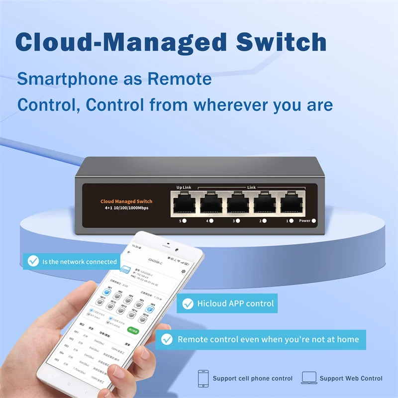 Cloud Managed Gigabit Ethernet Network Switch EU Plug 5 Port 100/1000Mbps Switch Internet Splitter Desktop RJ45 Hub WEB/APP
