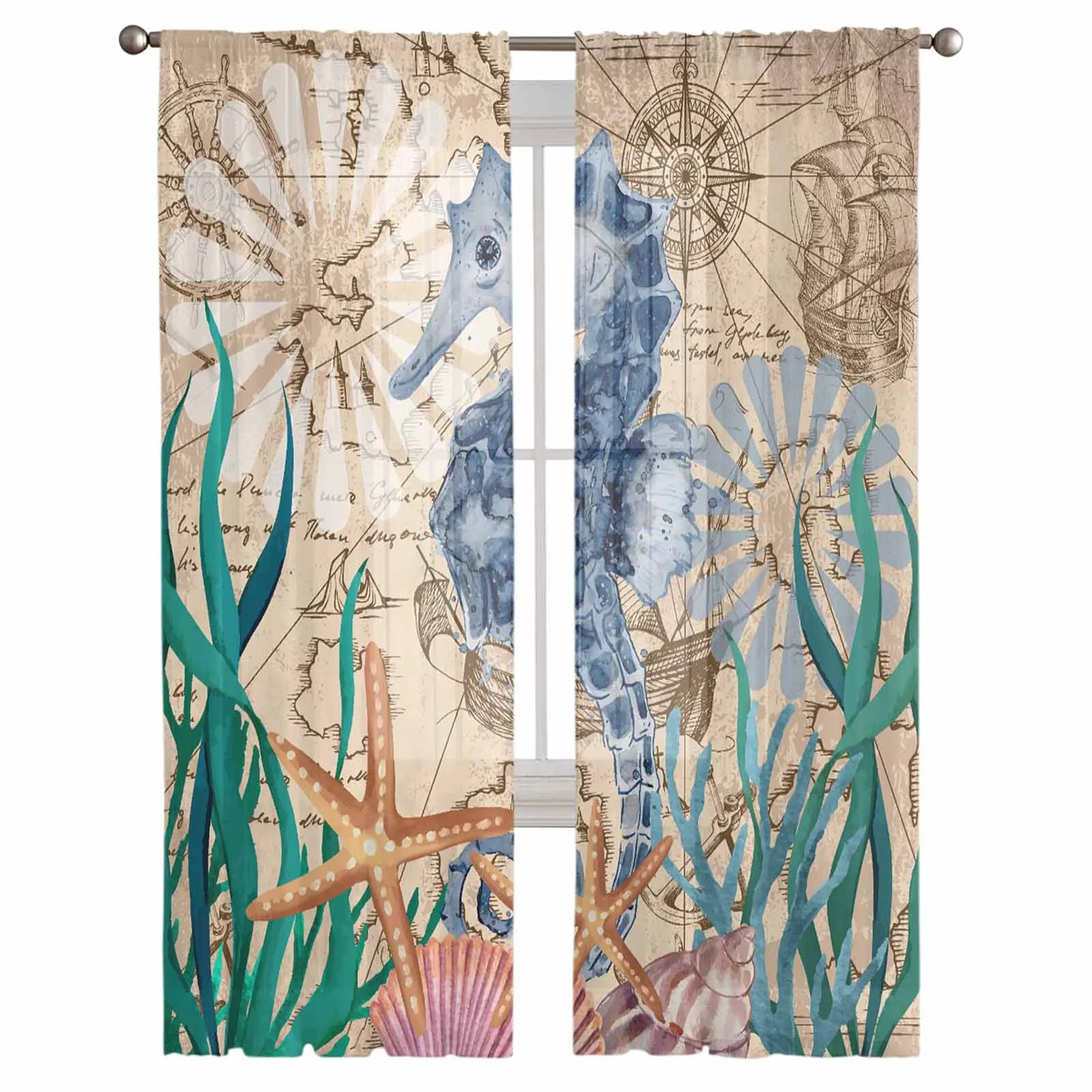 Seahorse Seaweed Starfish Shell Retro Voile Curtains for Bedroom Window Tulle Curtain for Living Room Sheer Blinds Drapes