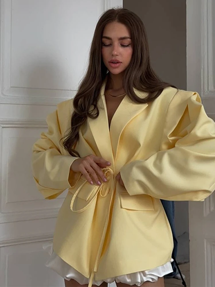 

Casual Street Lace Up Women's Blazer Yellow Button Long Sleeve Lapel Button Suit Jacket 2025 Spring Summer Lady Loose Outwear