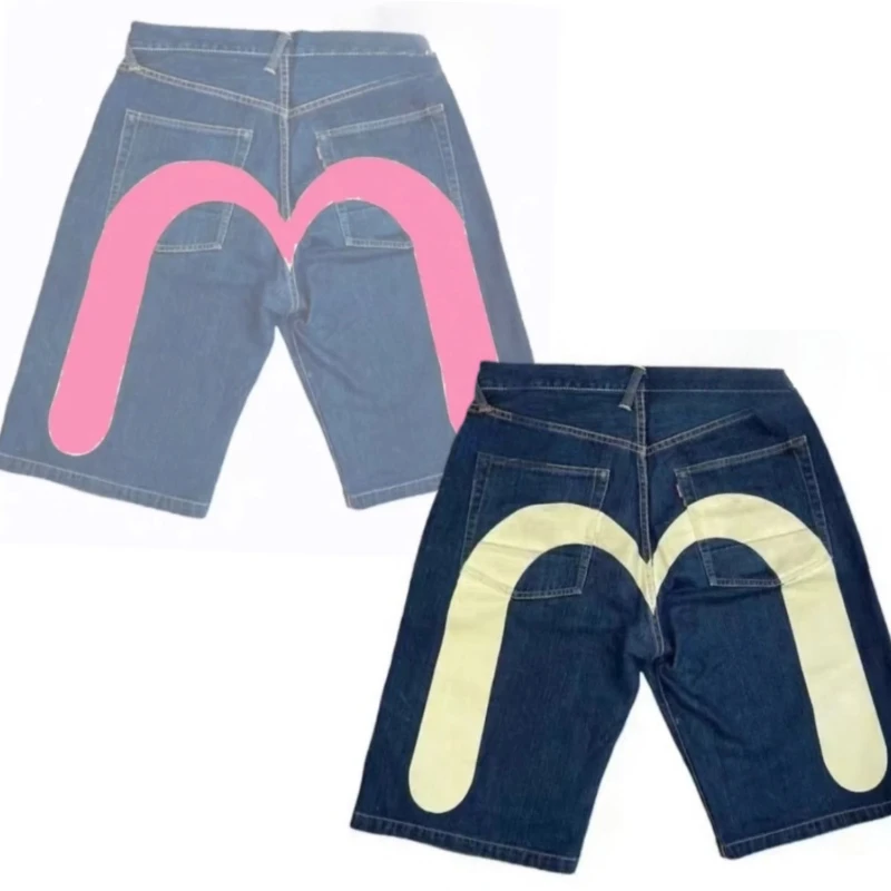 

2025 summer new denim shorts men's trendy gothic hip-hop style printed M-pattern shorts five-point casual loose pants hot sale