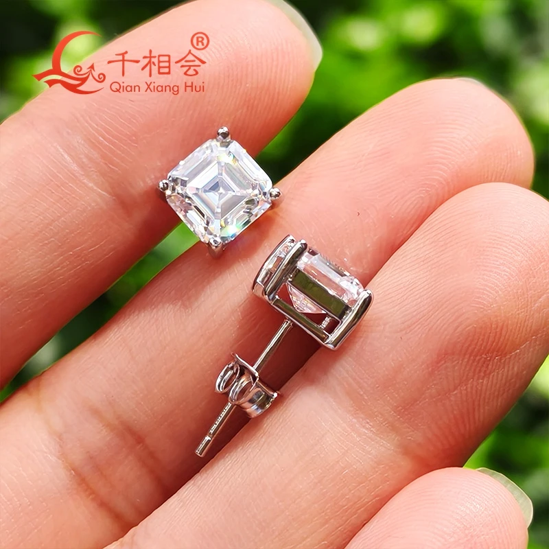 4ct 7*7mm asscher shape 925 silver white color D VVS moissanite stone ear stud Earing gift dating women wedding - view 2