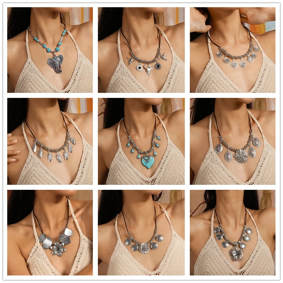 Aihua Bohemia Turquoise Stone Necklace for Women Choker Collier Ethnic Tibetan Silver Elephant Heart Necklaces Statement Jewelry