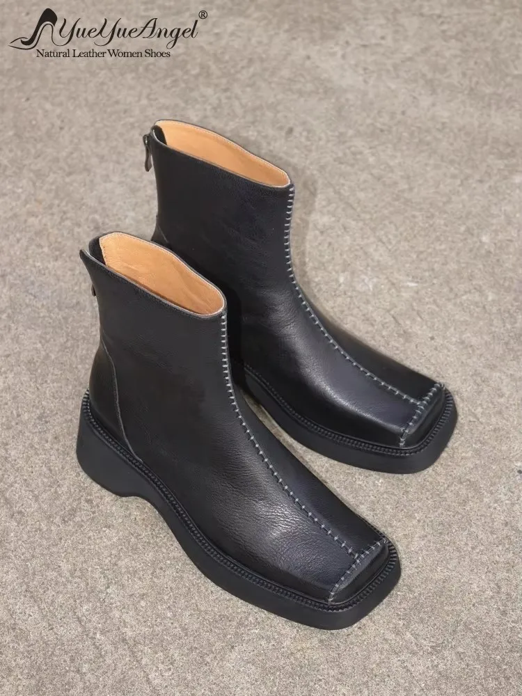 

Дизайнерские весенне-осенние женские полусапожки из натуральной кожи, повседневные туфли ручной работы на платформе с высоким берцем, модные ботильоны с квадратным носком