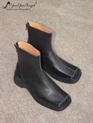 Designer Spring Autumn Women Genuine Leather Short Boots Casual Handmade Platform High Top Shoes Square Toe Fashion Ankle Boots