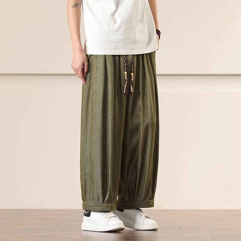กางเกงขายาวทรงหลวมสไตล์จีนสำหรับผู้ชายปี 2025 กางเกงฮาเร็มลำลอง 9 ส่วน สไตล์ฮิปฮอป