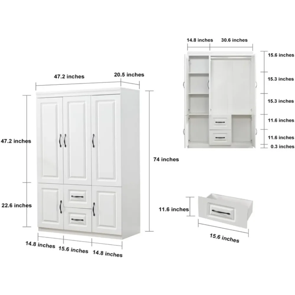 Wardrobe Closet Wood White Storage Closet Wardrobe Cabinet Bedroom Armoires with Hanging Rod 2 Drawers Clothes Wooden Cabinet