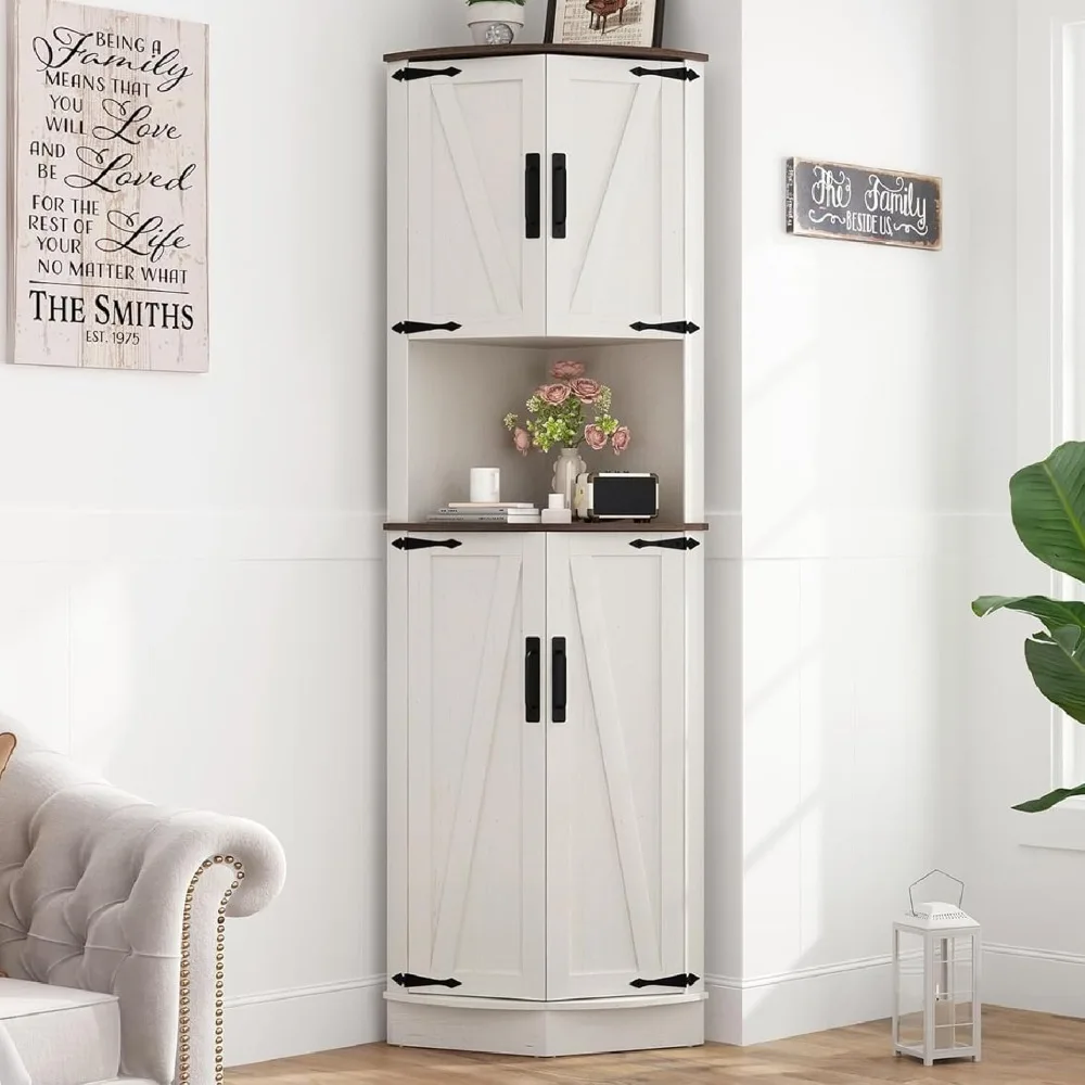 

68" Tall Farmhouse Corner Cabinet, Dining Room Storage Cabinet with 4 Barn Doors and 5 Level Storage with Adjustable Shelves