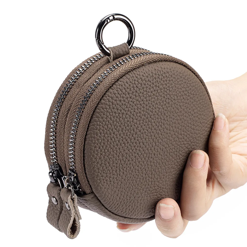 

Japanese Style Coin Purse Women's Round 2 Zipper Short Small Headset Bag Keychain with Lock Fashion Genuine Leather Coin Wallet