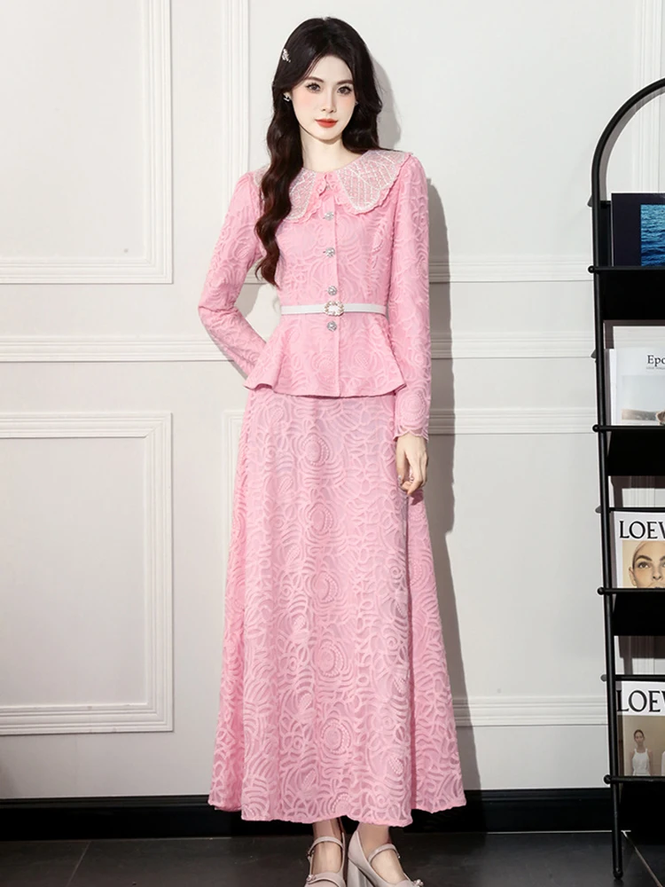 

Женская уличная одежда, милые кружевные наряды, элегантные однобортные топы, рубашка, блузка и длинная юбка трапециевидной формы, Mujer, комплект из 2 предметов Casua