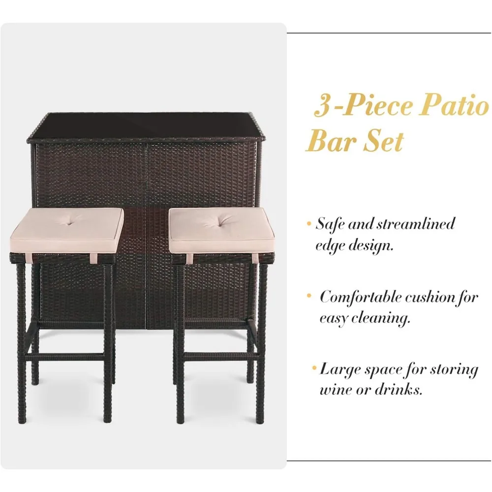 Outdoor Bar Set 3-Piece Brown Willow Courtyard Furniture - Glass Bar Counter and Two Cushioned Stools