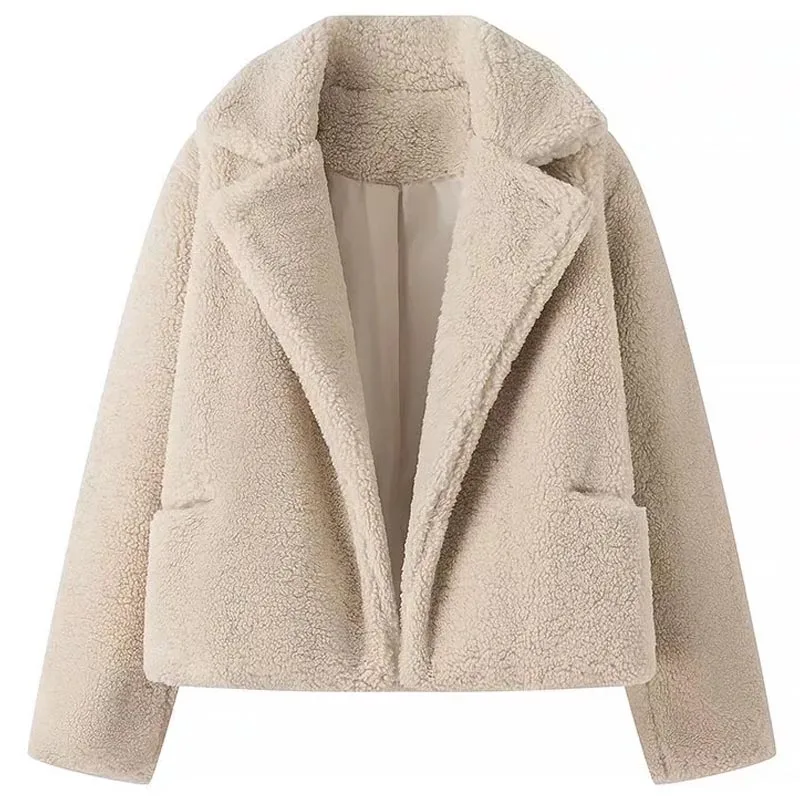 TRAF Cropped Plush Jacket Women\'s Jacket Autumn Winter Lapel Collar Long Sleeve Top Korean Style Coats Demi-Season Warm Jacket