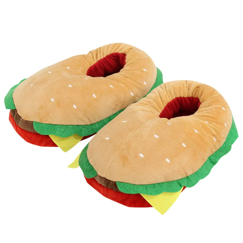 

New Cartoon Hamburger Plush Slippers Women's Home Sandwich Creative Cotton Shoes Thermal Bag and Cotton Slippers
