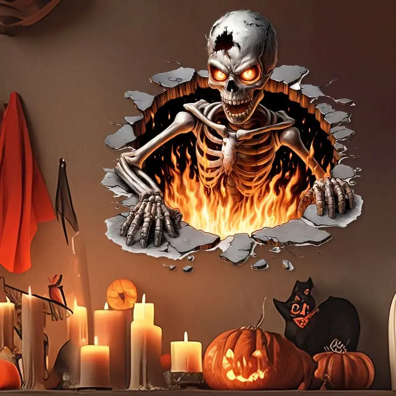 VIKAMA 3D Halloween Skeleton Wall Sticker Breaking Wall Effect, Self-Adhesive Peel and Stick Decal, Spooky Party Decor