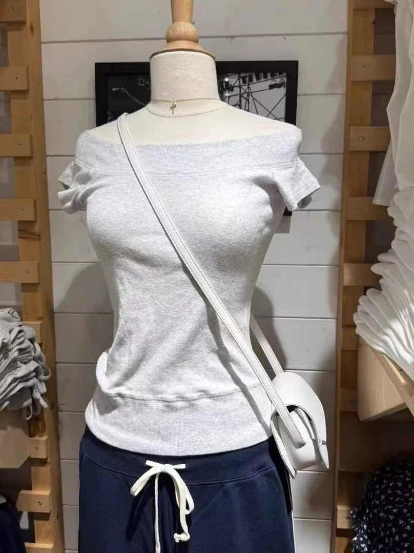 

Gray Cotton Slim Short Sleeve T-shirt Women Summer Ribbed Scoop Neck Basic T-shirts Preppy Style Sweet Simple Y2k Tops Tees New