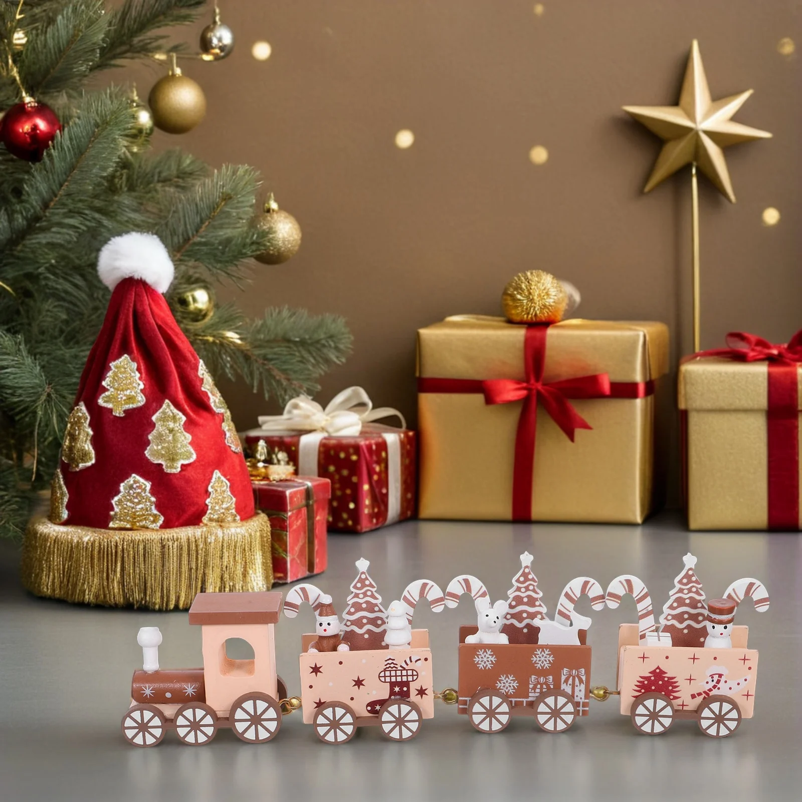 

1Set Wooden Mini Christmas Train Decor with Snowman Ornament for Fireplace Tabletop Mantel Decoration Wood Train