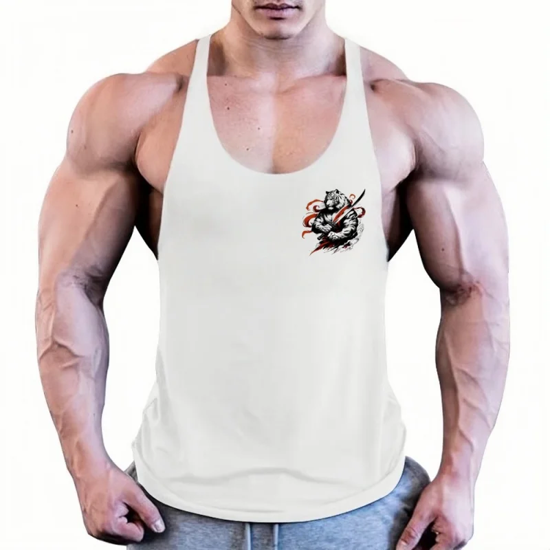 Gym Men's Fitness Tank Top – Cotton Singlet with Samurai Tiger & Katana Print, Bodybuilding Muscle Sleeveless Gym Clothing