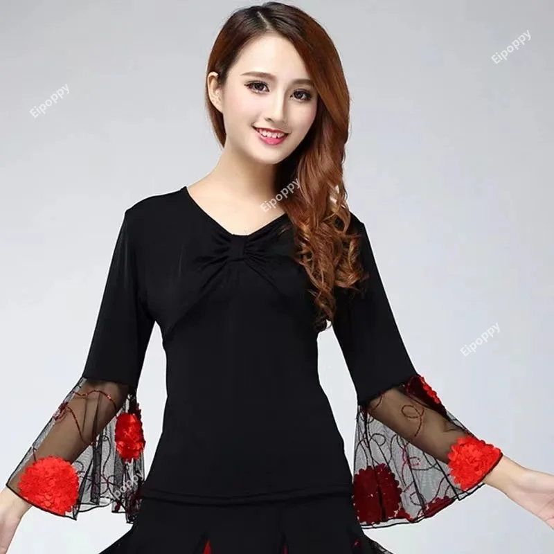 Ballroom Dance Costume Tops Flamenco Blouses Standard Modern Outfits Waltz Latin Salsa Rumba Dancewear Tops Long Sleeves