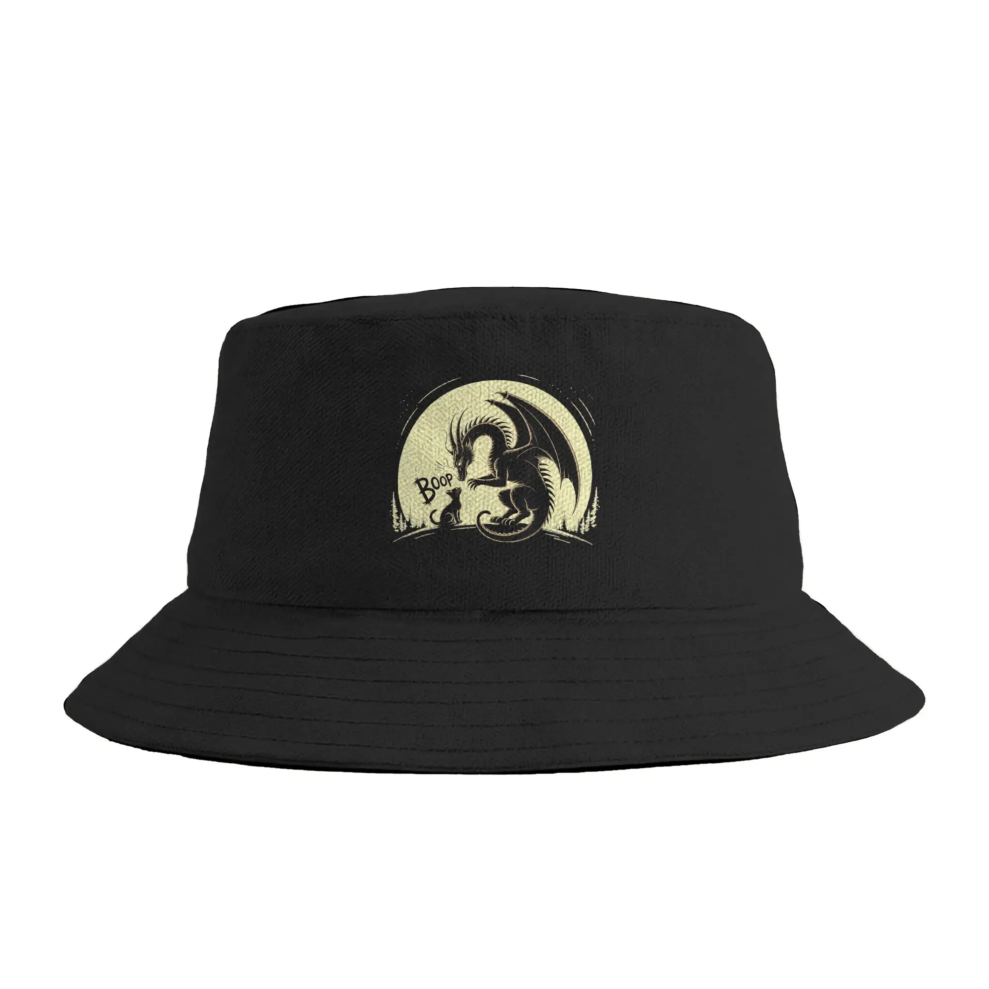 Dragon Boop Cat Under Full Moon Cute Fantasy Night Funny Bucket Hat  Hawaii Fisherman Caps Soft Fold Fishing Sun Hats