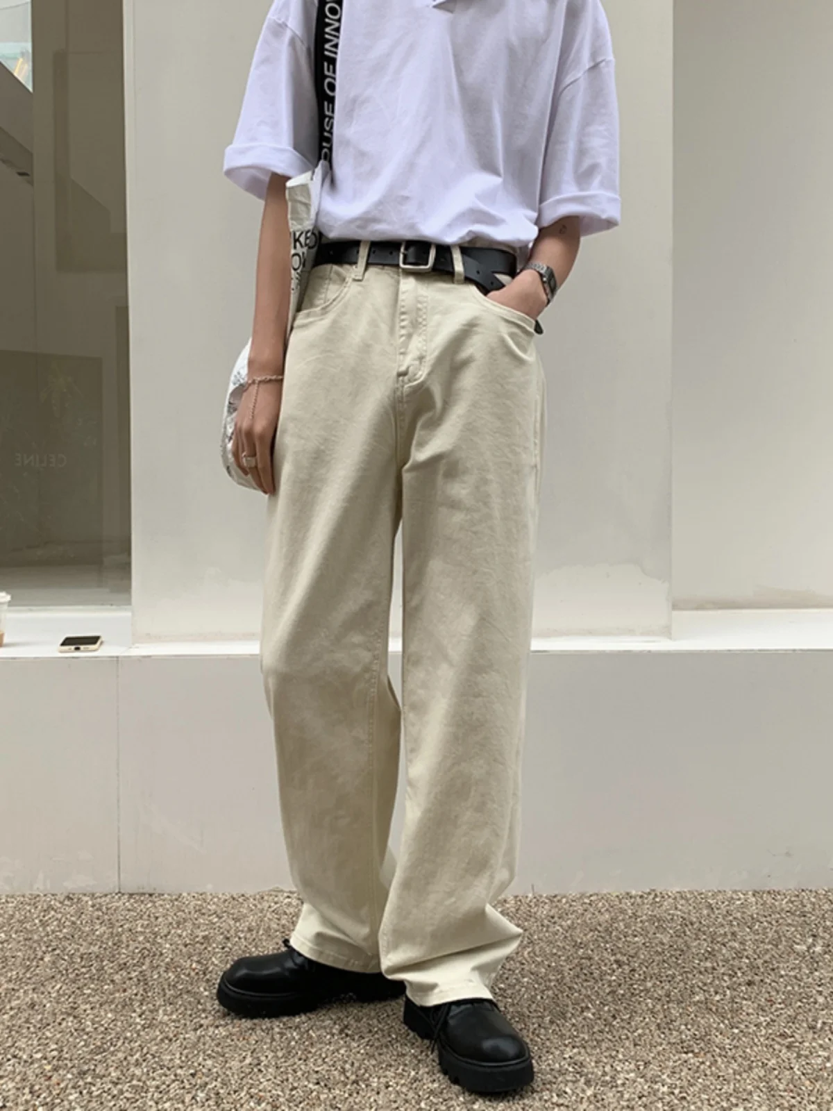 

Бежевые рабочие брюки мужские, повседневные, расклешенные, прямые, длинные, в американском ретро-стиле, для весны и осени, сезонные, модные