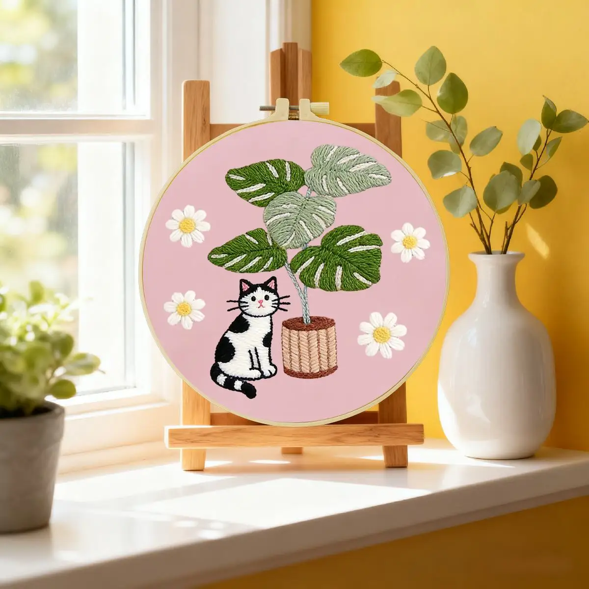 1 Stück 20X20CM/15X15CM 7,87/6,3 Zoll Die Katze im Topf Stickerei Starter-Kit DIY-Kit DIY-Stickerei-Set Handarbeiten – Detail 1
