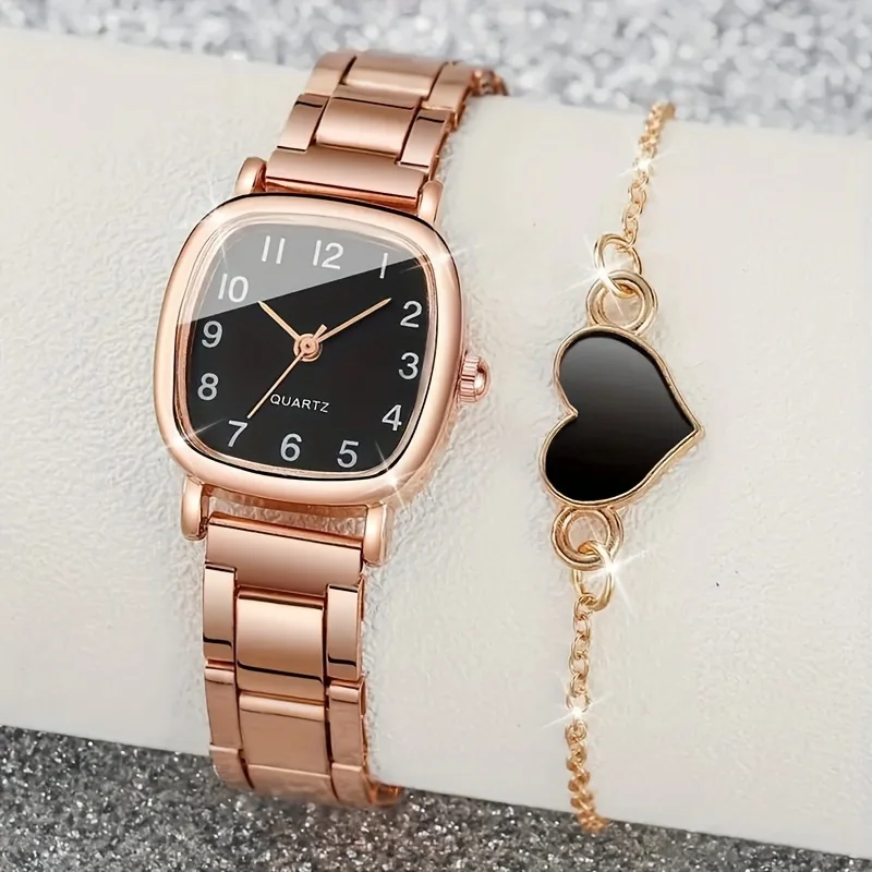 2pcs Rose Black Square Quartz Watches Alloy Case and Heart Shape Bracelet, Valentine\'s Day Gifts for Her