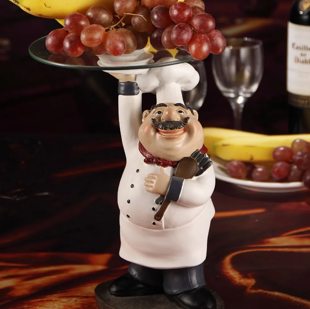 

Cook Statue Dinner Plate Decorative Resin Chef Figurine Glass Cake Stand Serving Tray Fruits Tableware Snacks Ornament Craft