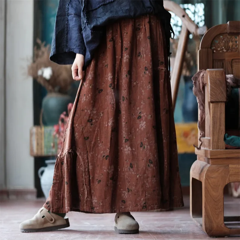 Spring Autumn Arts Style Elastic Waist Cotton Linen A-line Long Skirt Women Floral Printed Loose Casual Vintage Pleated Skirt