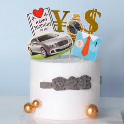 Happy Birthday Cake Topper Father's day Car Watch Anniversaire Decoration Flag DIY Baking Supplies Cupcake Toppers Baby Shower